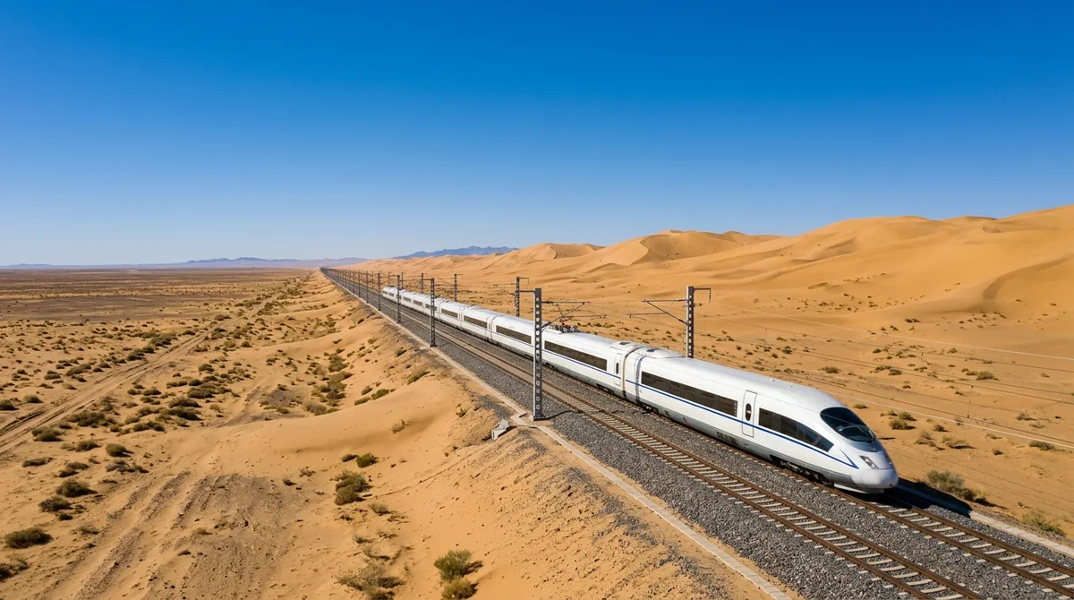 قطار سريع حديث على سكة في منظر صحراوي
